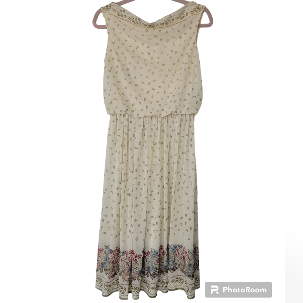 Vtg 60s Sue Brett Dress Floral Sleeveless Size Small Ivory Spring Summer
